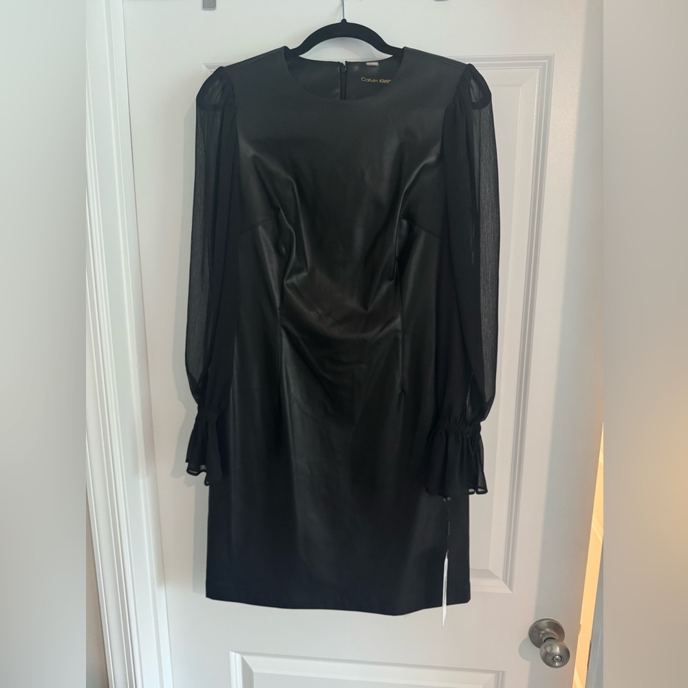 Calvin Klein Black Faux Leather Dress with Sheer Sleeves